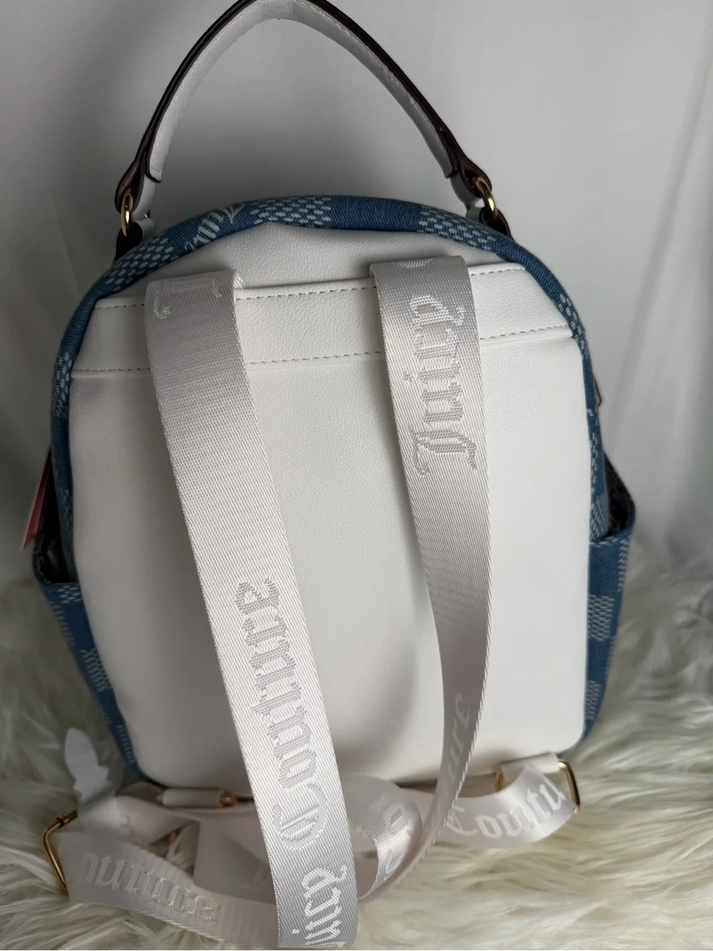 Juicy Couture Blue Check Mini Backpack with White Trim and Gold Accents